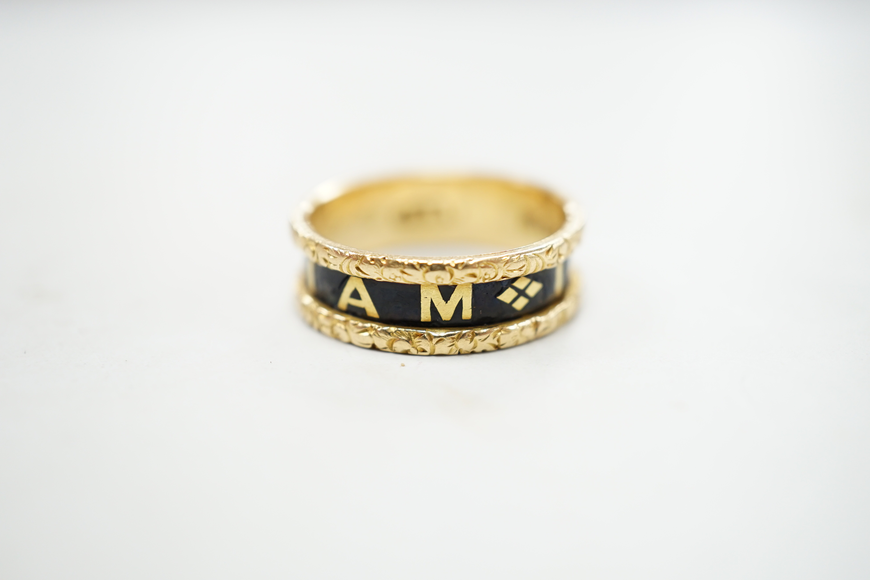 A Victorian 18ct gold and black enamel 'In Memoriam' band, inscribed ' Edwr John Lewis obt 5th April 1876, at 54', size N, gross weight 4 grams.